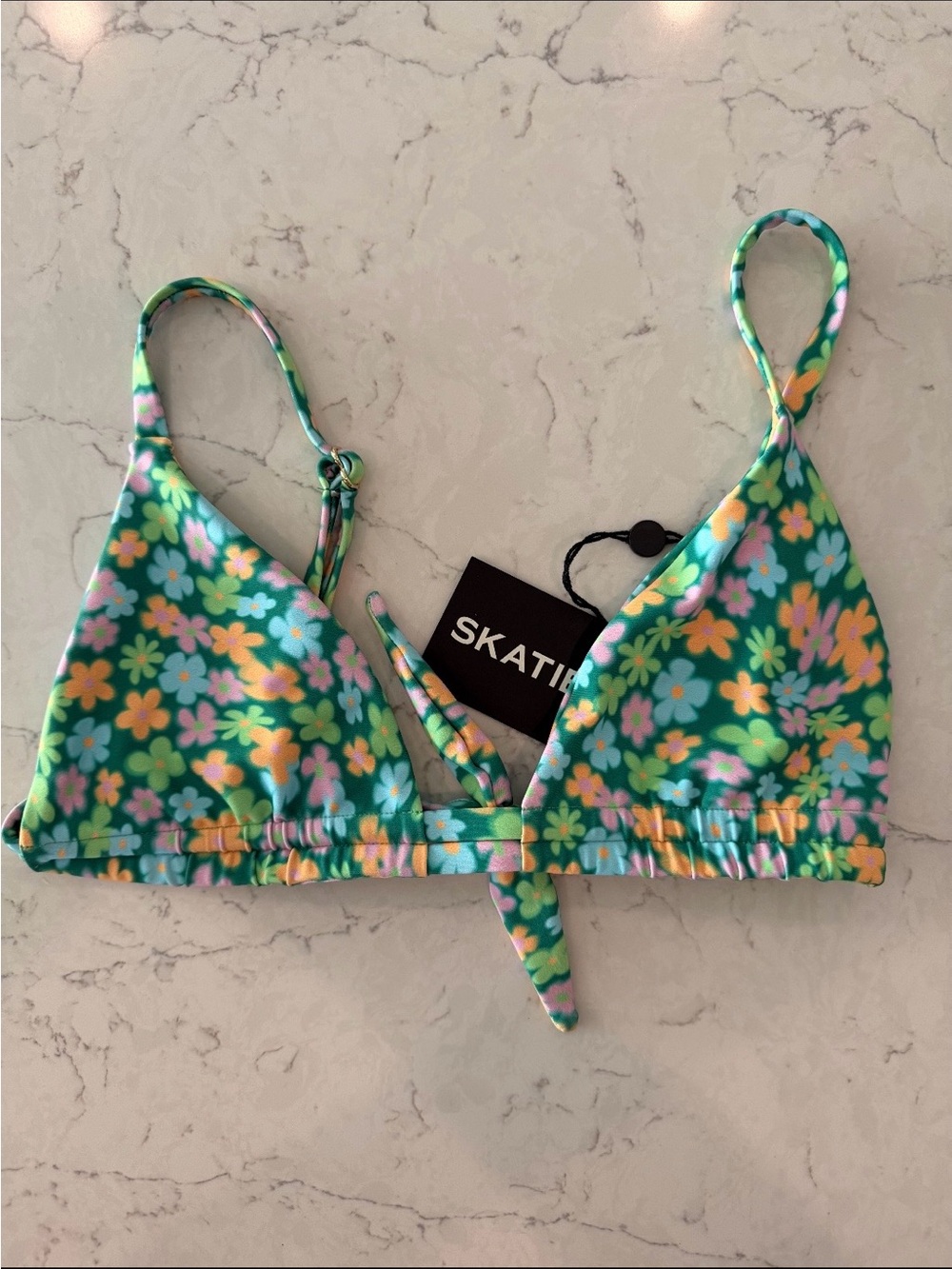 Skatie Green Floral Triangle Bikini Top with Yellow & Pink Flowers
